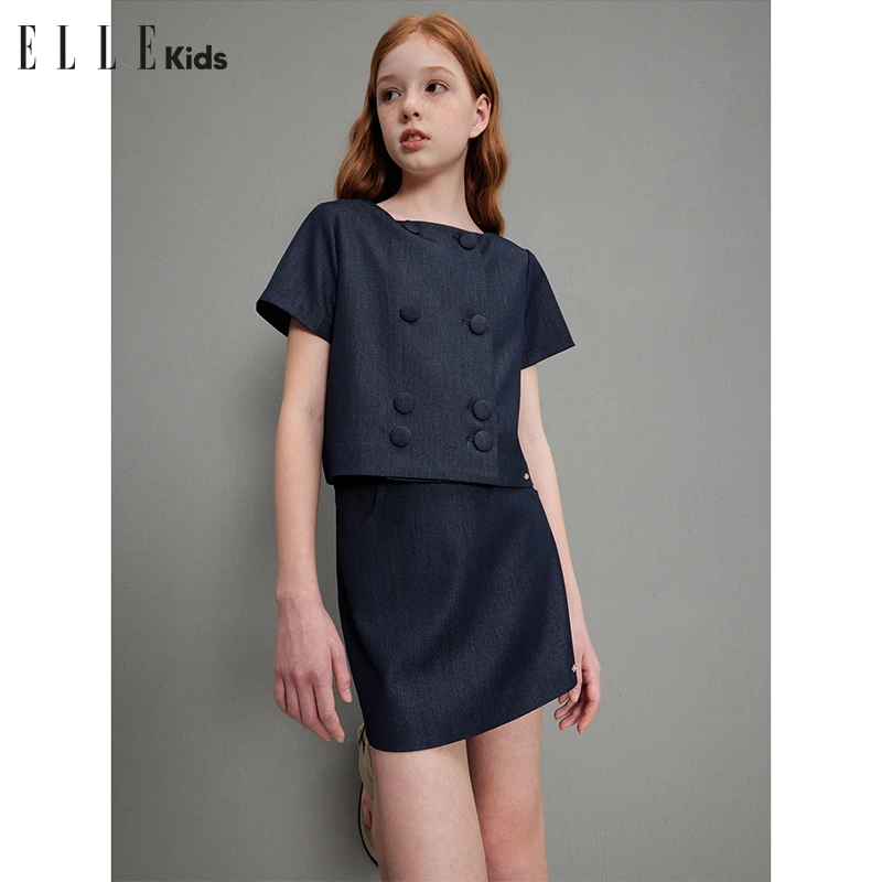 ELLE KIDS 轻复古仿牛仔套装女童夏季新款双排扣外套+A字半裙X3