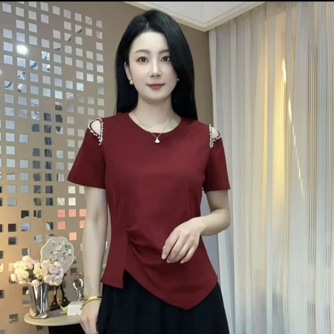设计感小众钉珠露肩短袖T恤女士夏季新款不规则慵懒遮肚子上衣