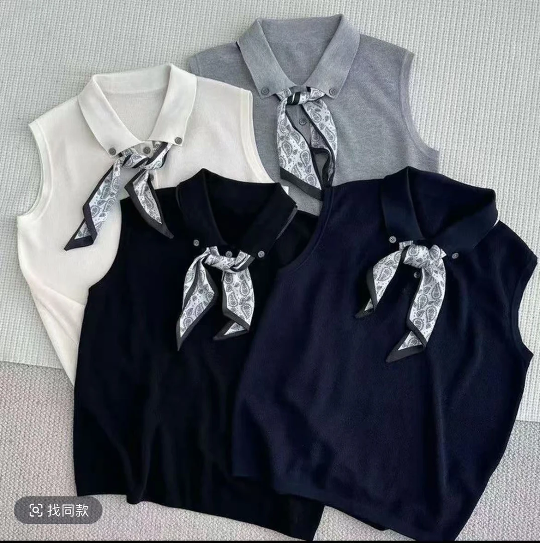 设计感韩版百搭修身显瘦女翻领2025夏季新款丝巾针织无袖上衣