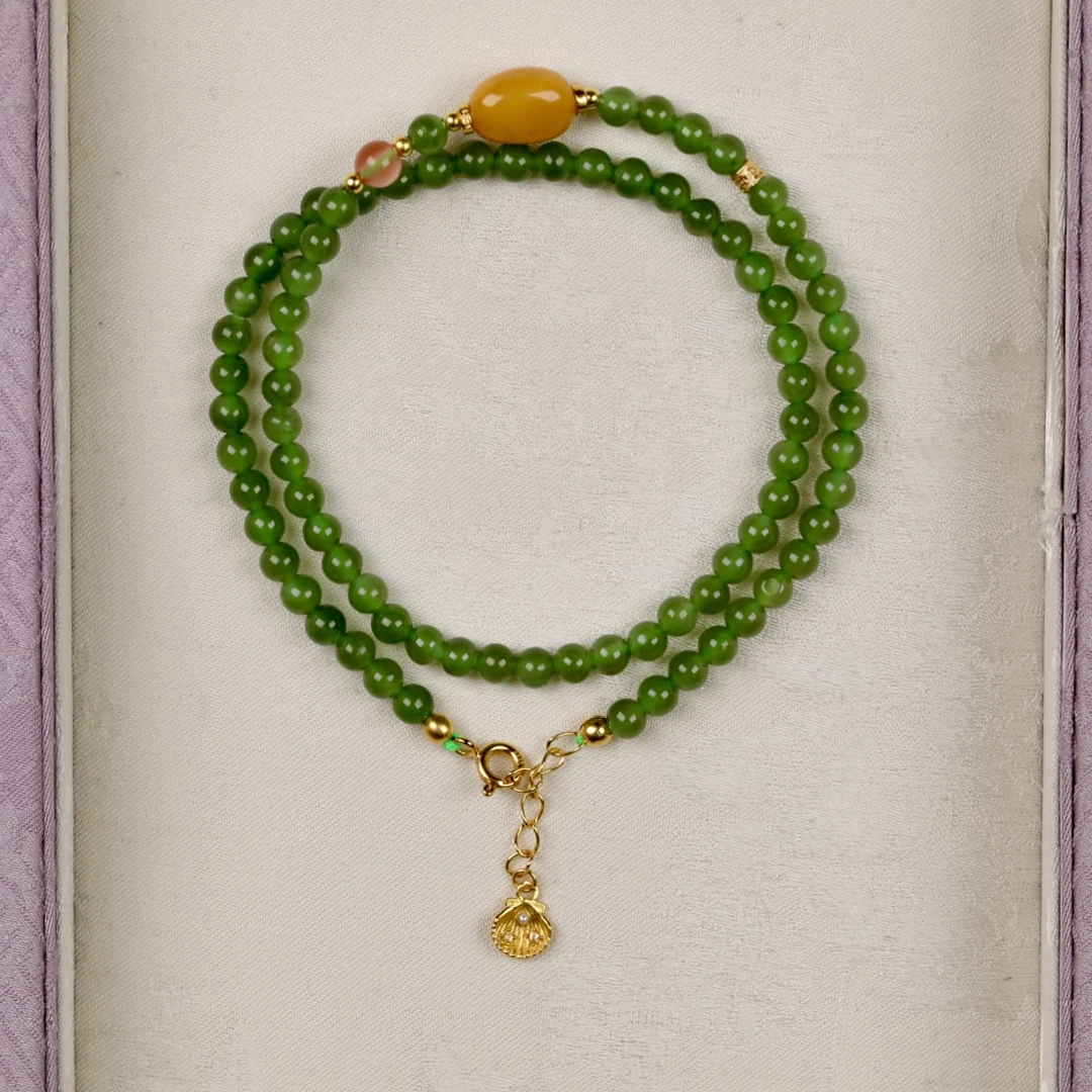 正宗天然上等和田玉碧玉双圈珠链长35cm4mm锁骨链ZE0002