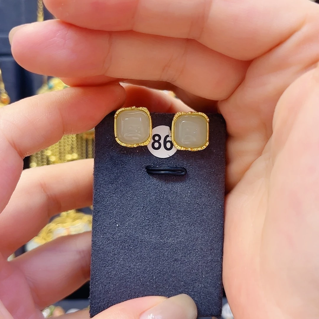 和田玉银S925镀金镶嵌耳饰