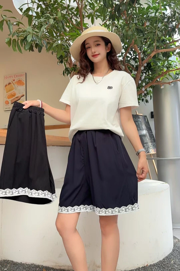 蕾丝成人高腰阔腿裤夏季短裤显瘦显白遮肉拼接五分裤薄款棉绸女裤