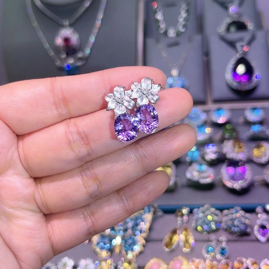 【闪购商品】紫晶耳饰银S925镶嵌吊坠