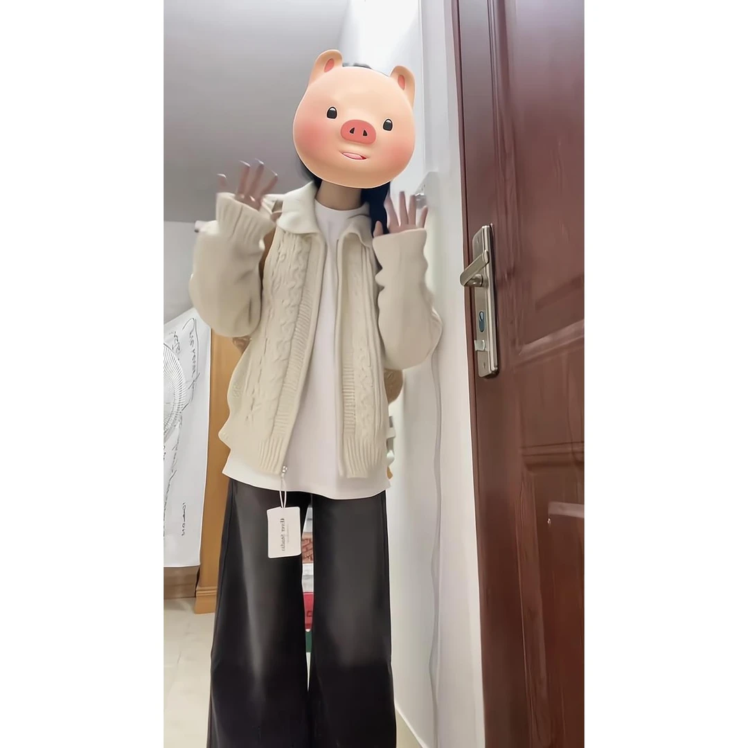 慵懒风毛衣开衫女秋冬外搭长袖麻花拉链白色软糯宽松针织衫外套