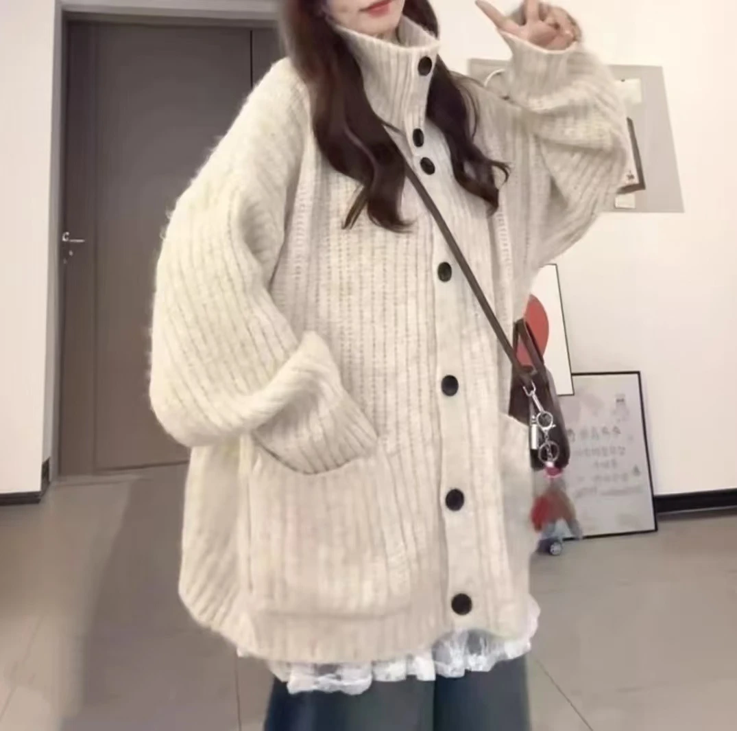 韩系慵懒风高领女秋冬季2025新款高级感宽松针织开衫上衣百搭外穿
