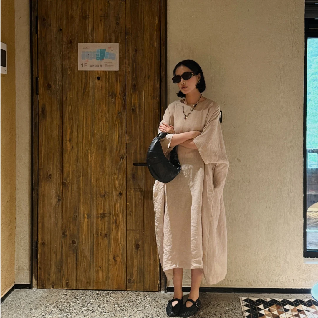 S.SHUi圆领宽松森系纯色连衣裙小众复古