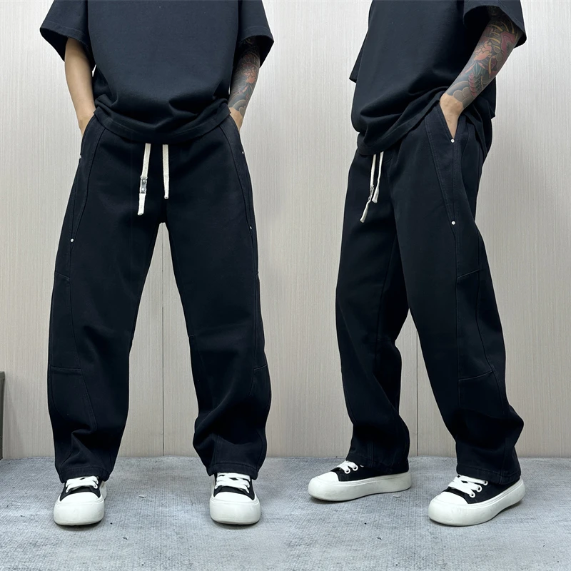 昊Studio冬季男士加绒百搭直筒裤拼接弯刀潮流长裤休闲抽绳休闲裤