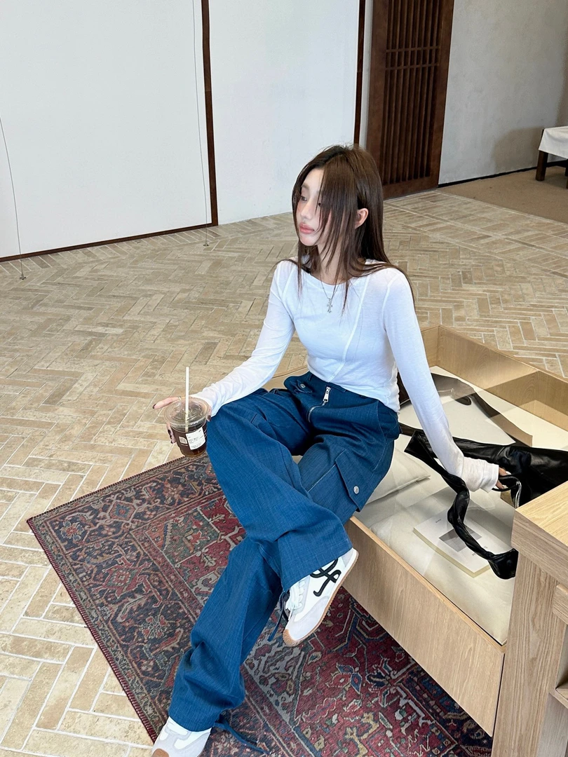 拉链工装牛仔裤潮流春秋夏季牛仔裤阔腿裤