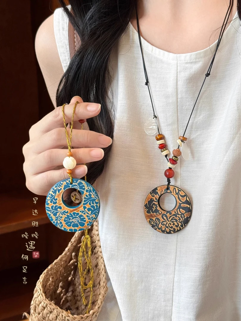 非金属布艺项链 蓝色平安扣吊坠项链女夏天国风新中式长款锁骨链