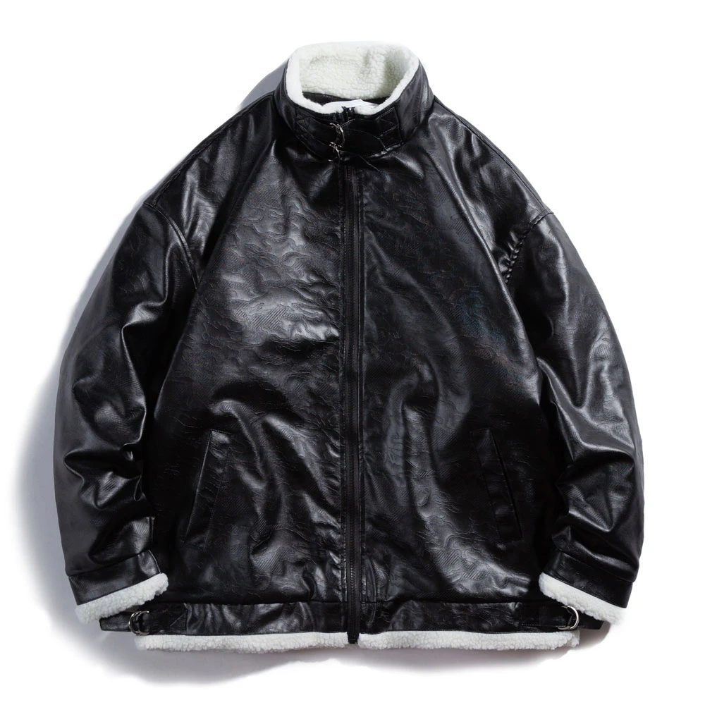 美式复古羊羔毛立领高级感pu皮衣棉服外套-1033