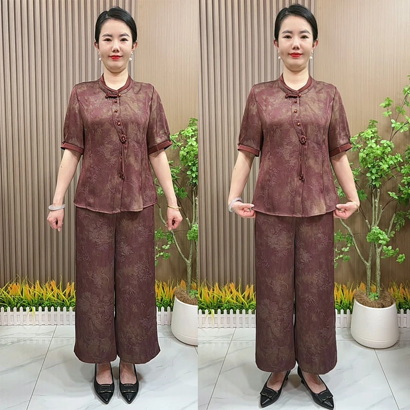 妈妈夏装高档两件套2025新款中老年女装大码显瘦气质上衣裤子套装