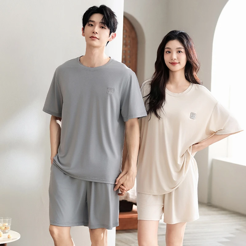 莫代尔情侣睡衣男女夏季薄款休闲凉感自带胸垫可外穿运动家居服