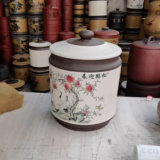 紫砂茶叶罐宝塔花鸟款八饼装013