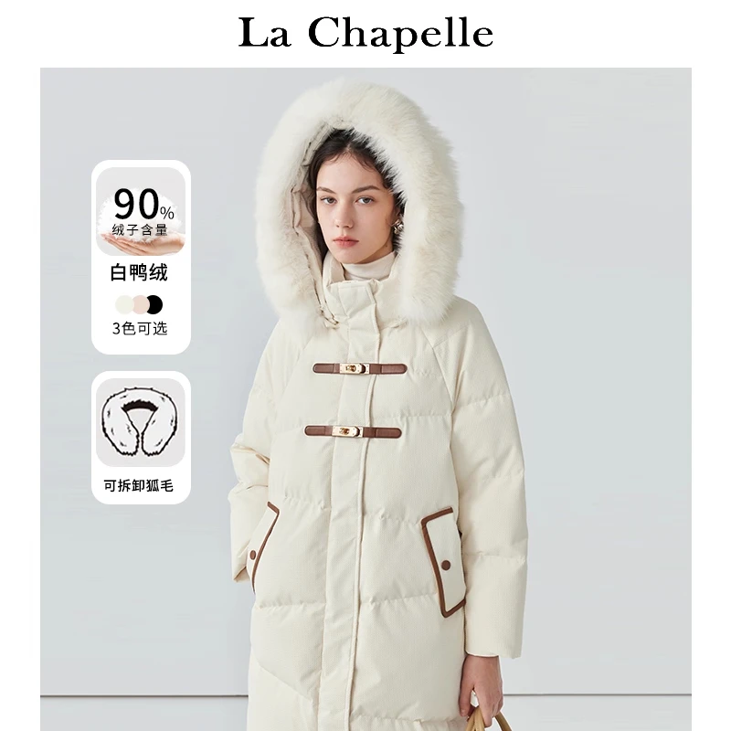 拉夏贝尔长款鸭绒羽绒服女2025年冬季新款双皮扣连帽保暖加厚外套