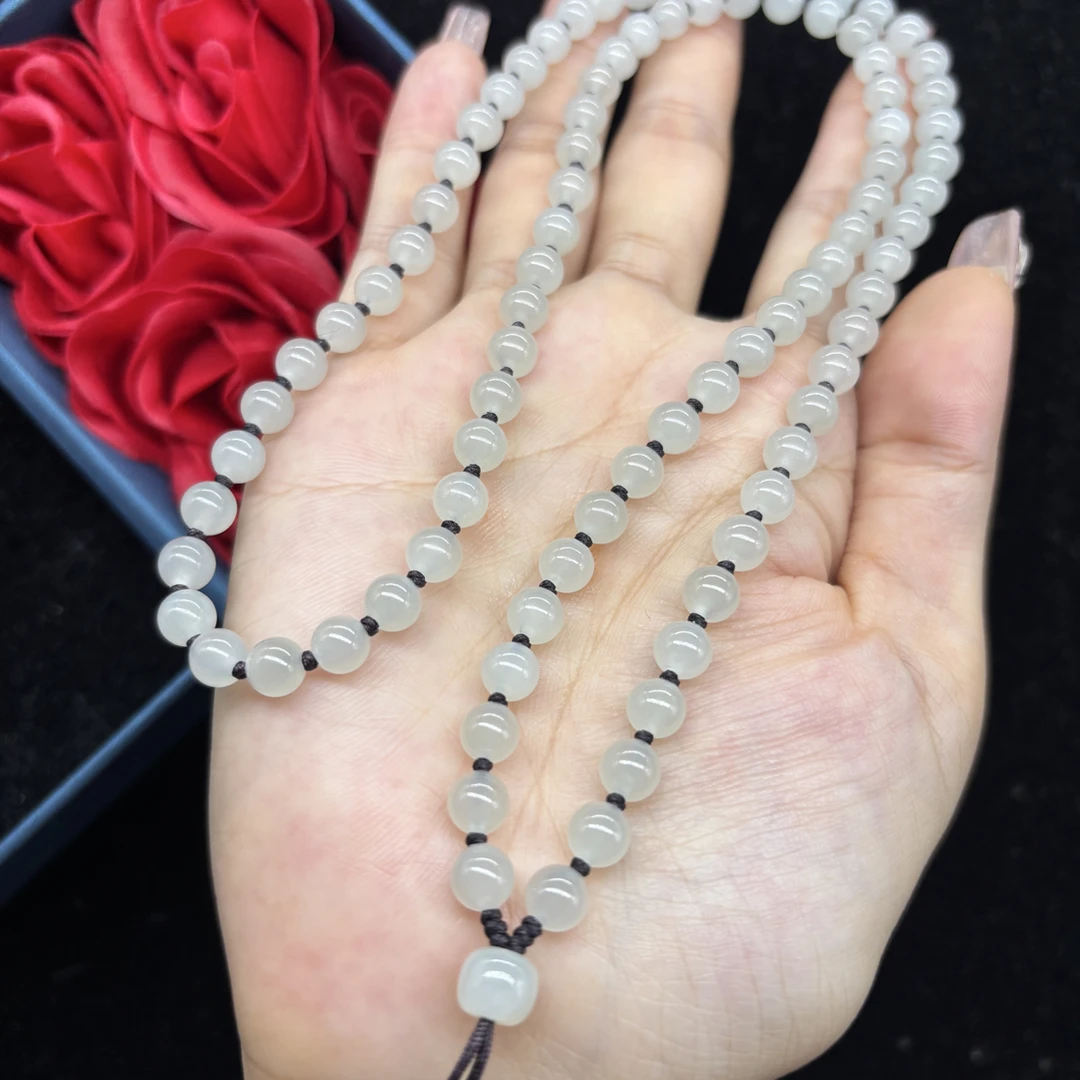 精美天然和田玉起冰起胶感白玉圆珠6mm项链玉石挂件绳毛衣链百搭