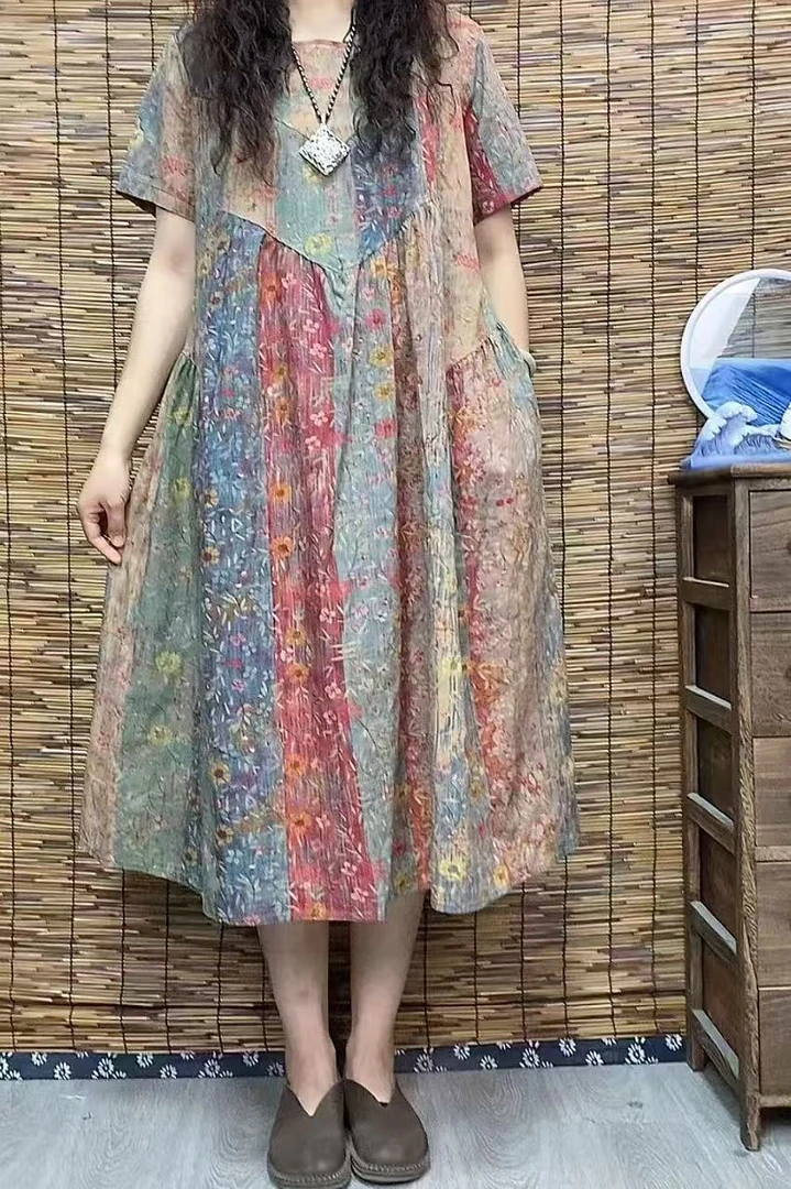 9662夏季新款文艺优雅显瘦气质A字版印花长款大摆连衣裙