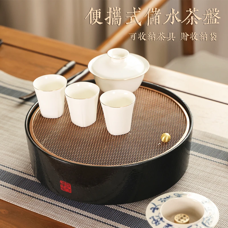 2025新款家用户外旅行电木茶盘圆形不锈钢储水小型干泡台茶具托盘