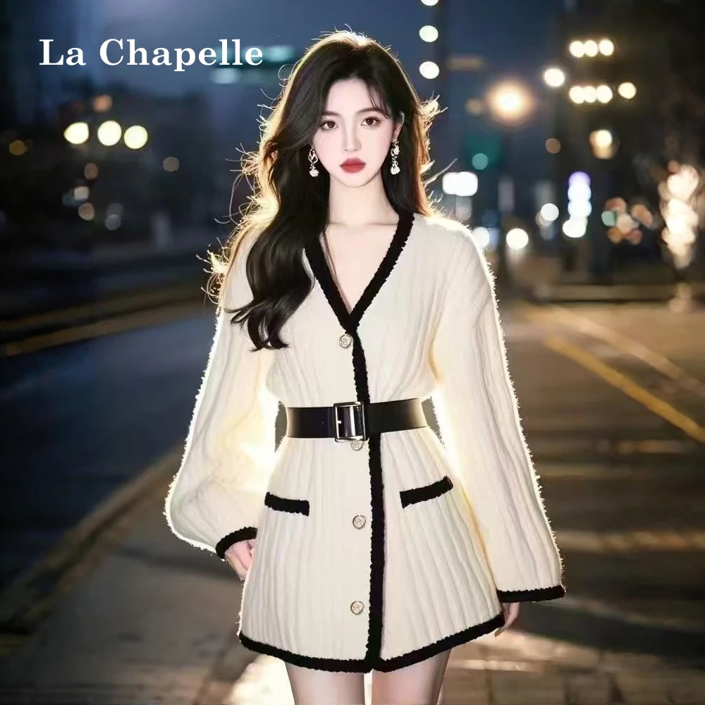 拉夏贝尔法式v领针织连衣裙女秋冬款富家千金气质收腰显瘦短裙子