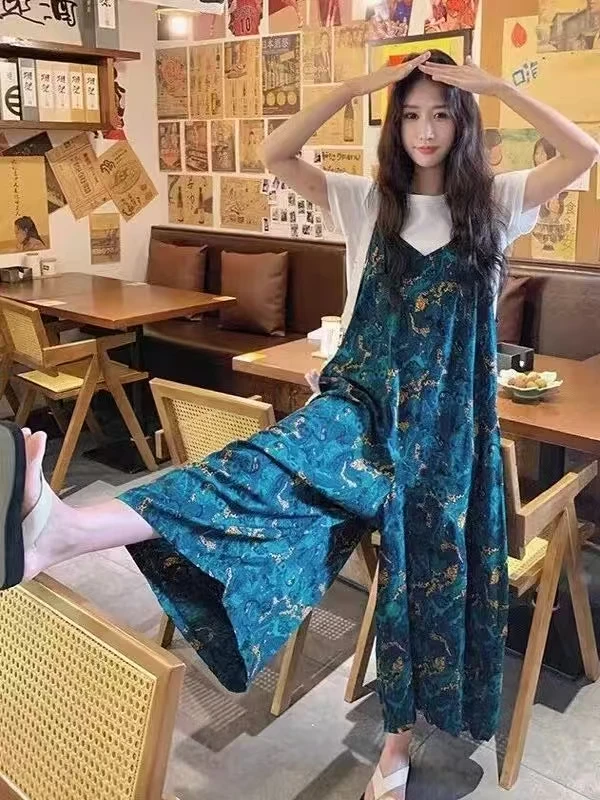 【蓝花金印】蓝色多巴胺印花背带裤女2025新款夏季显瘦阔腿裤子套装