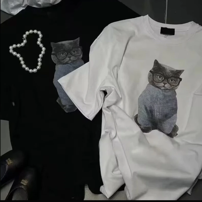 【兆杰商贸】东大门休闲宽松垫肩猫咪卡通印花短袖T恤