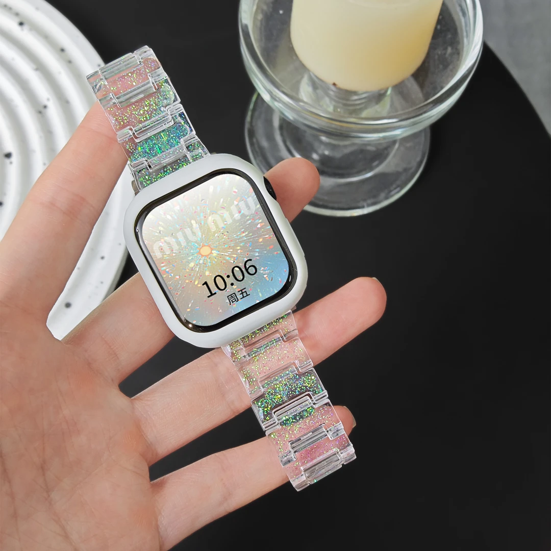 适用于苹果iwatch表带apple iWatch S10/9/8/7/6冰晶闪粉树脂腕带