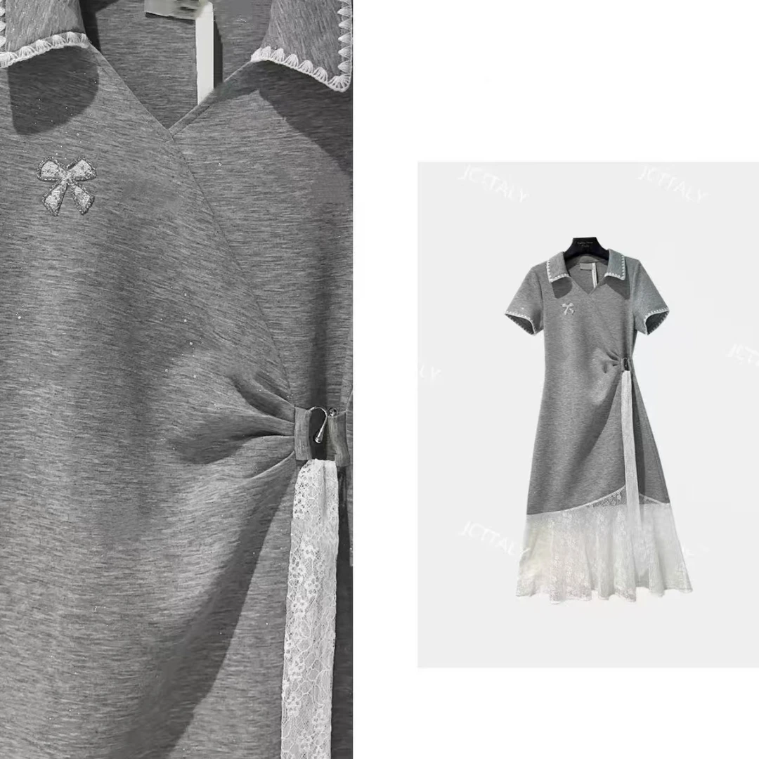 连衣裙夏季裙子polo中腰小众波点拼接设计感套头法式