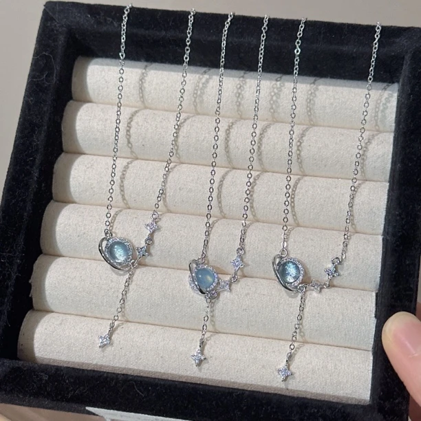 SG2380-［四芒星流苏星球链］海蓝宝锆石合金项链均有瑕多样性发