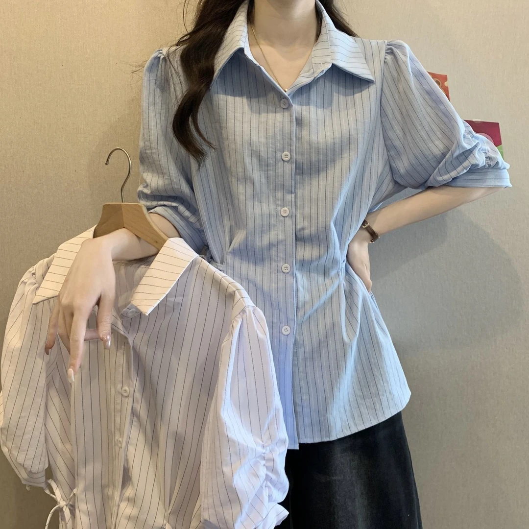 大码女装法式气质蓝色条纹衬衫2025夏季新款爆款收腰遮肚短袖上衣