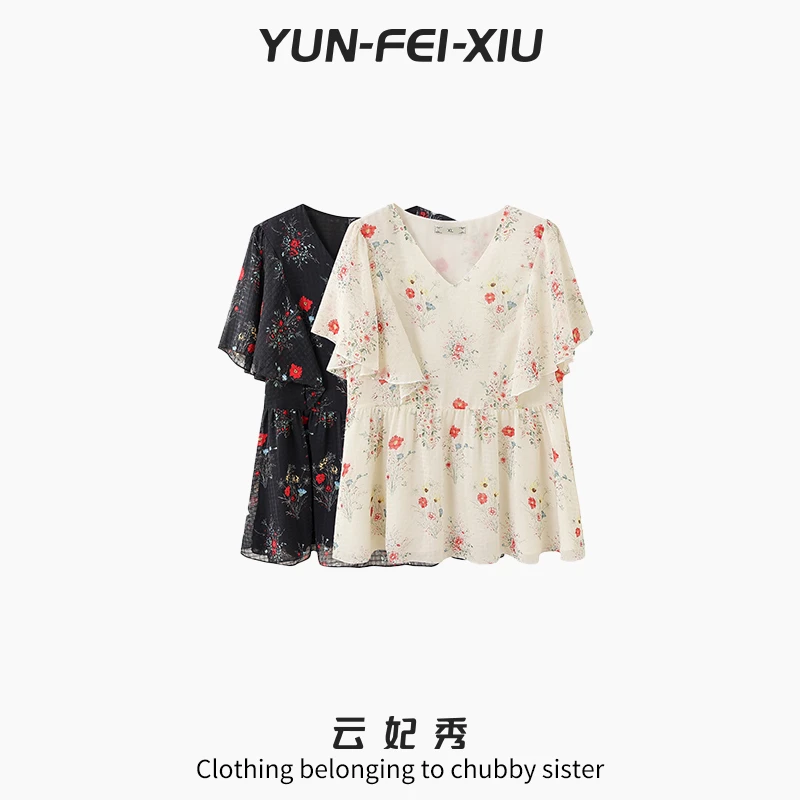 云妃秀大码女装雪纺衫休闲时尚胖妹妹显瘦宽松遮肉减龄上衣夏1075