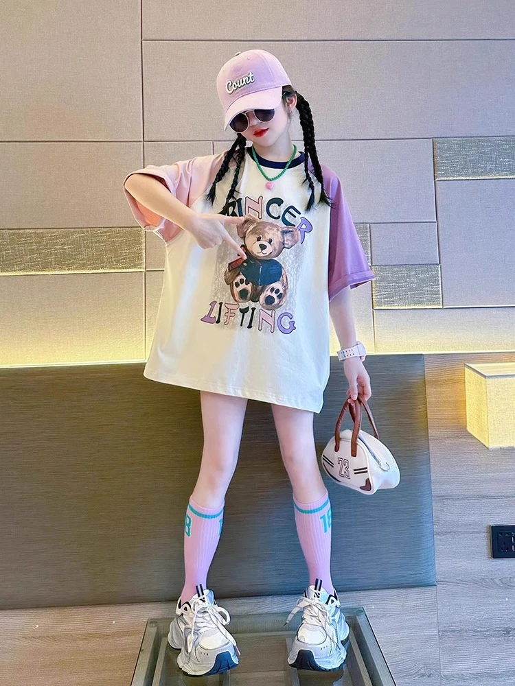 女童拼色纯棉T恤夏季新款中大童宽松百搭半袖女孩甜美短袖儿童潮t