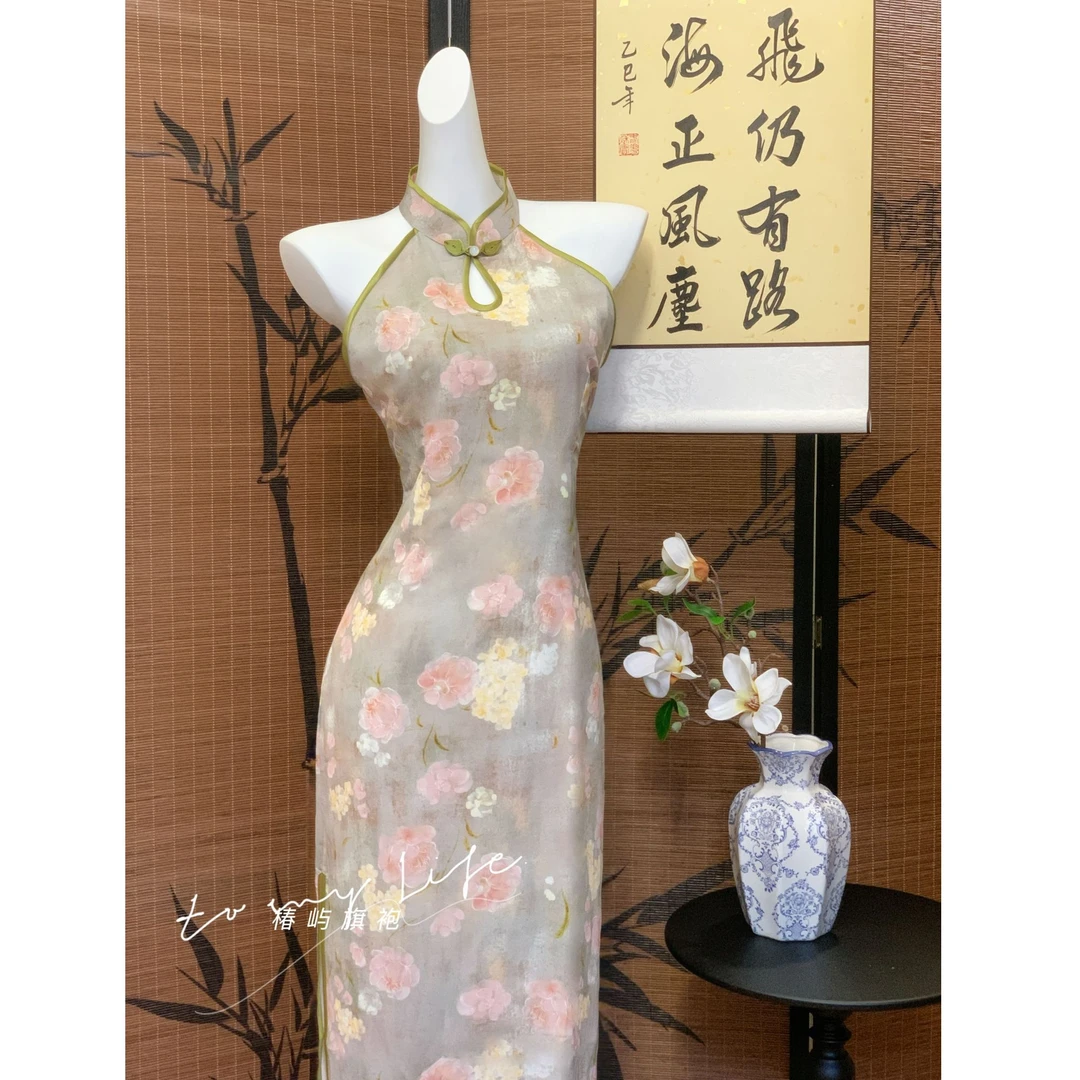 【花雾】温婉挂脖旗袍夏新款复古日常可穿少女显瘦旗袍连衣裙双层