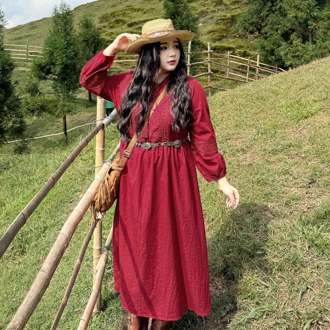 DC8296大码女装【草原精灵】民族风流苏连衣裙秋季胖mm长袖度假裙子