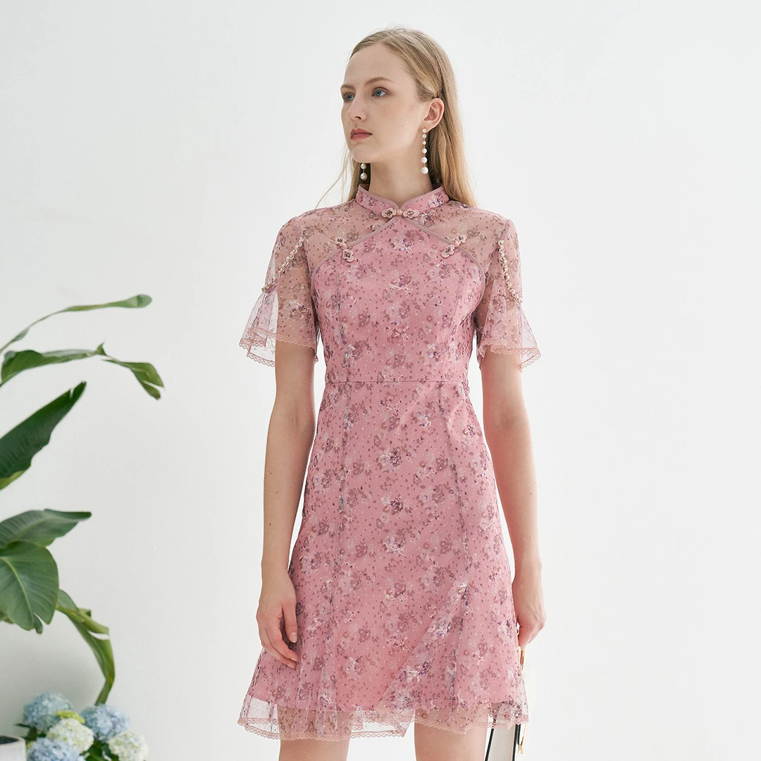 U`AGAIN/遇见立领刺绣民族风常规日常短袖旗袍气质裙子国风极简风