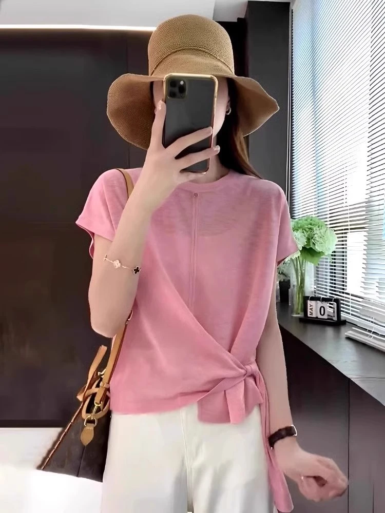 冰丝薄款短袖针织衫女夏季设计感宽松飘带不规则别致显瘦百搭上衣