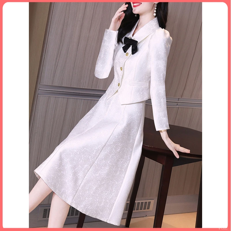 富家千金秋季新款奶乖甜套装裙蝴蝶结外套a字半身裙两件套连衣裙