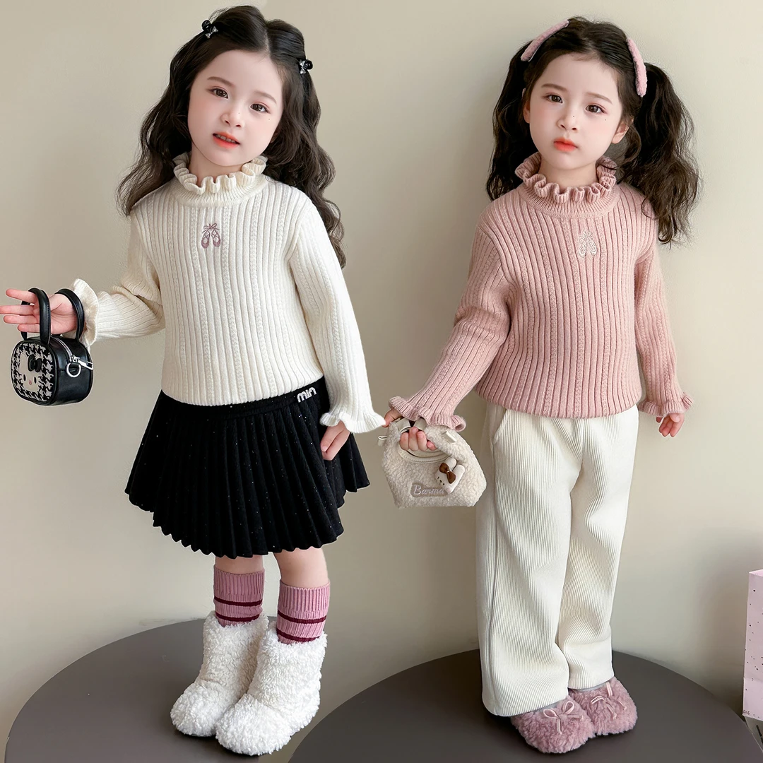 女童木耳边高领毛衣秋冬新款女宝宝休闲百搭保暖冬装针织衫