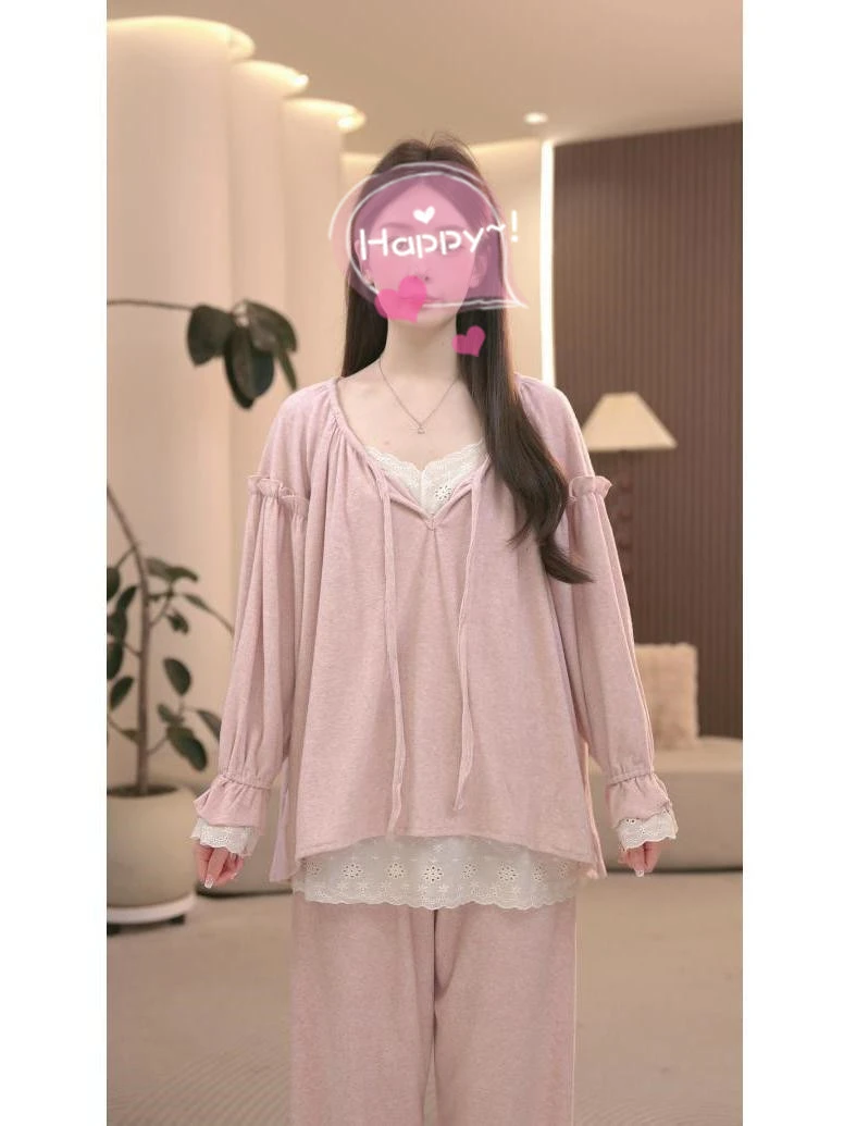 睡衣女春秋冬新款女士粉绒蕾丝时尚高定家居服两件套装可外穿