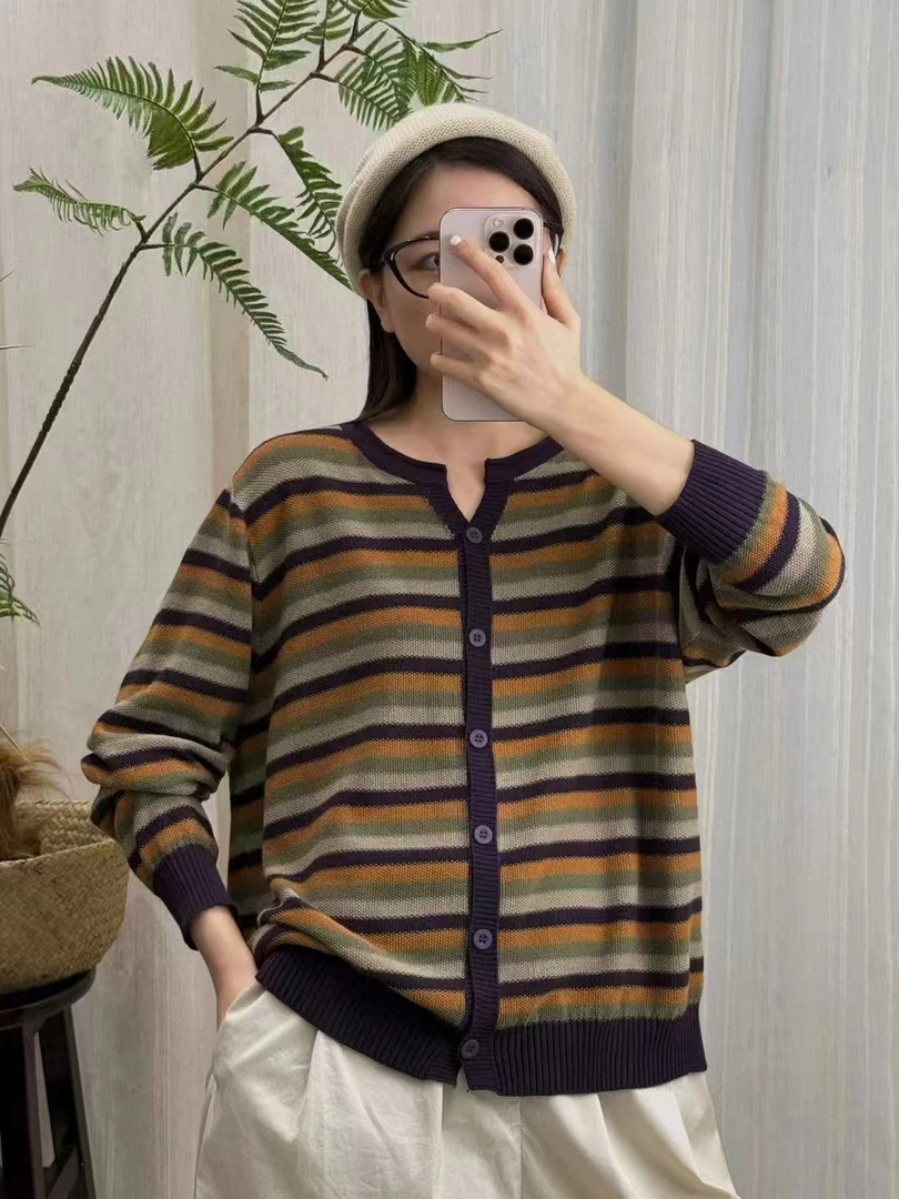 条纹毛针织衫条纹单排扣长袖套头针织衫休闲百搭女装秋冬复古上衣