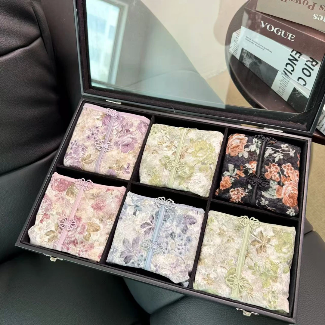 纯欲风高腰蕾丝时尚无痕印花女裤