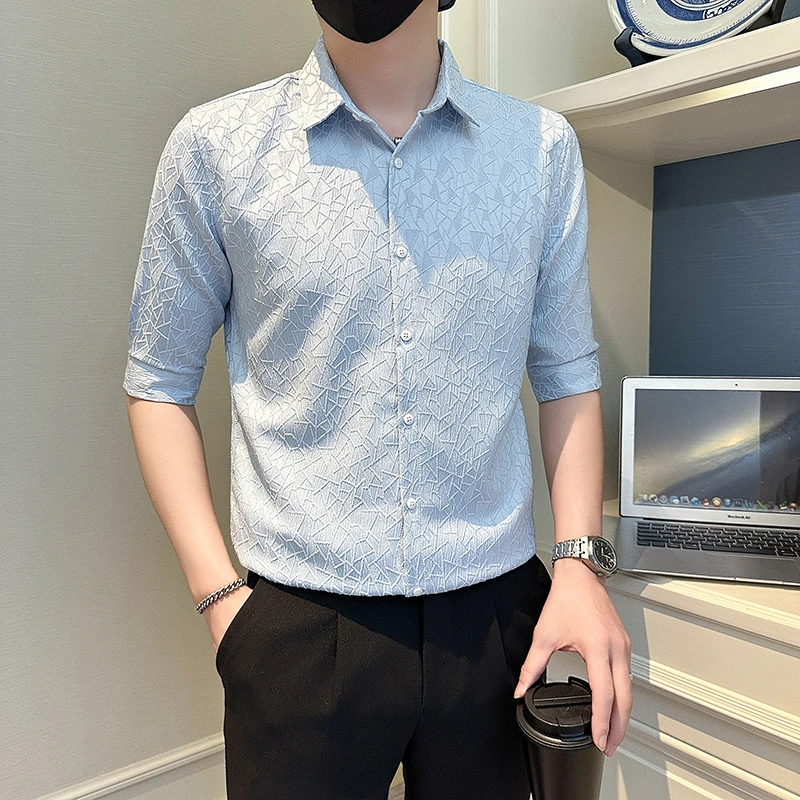 高级感提花衬衫男短袖夏季薄款中袖衬衣2025新款男士五分半袖寸衫