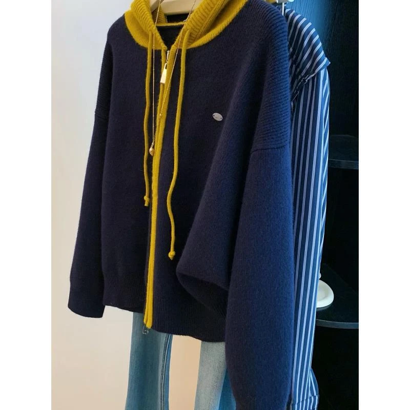 新新定制-拼接撞色连帽女秋冬外套韩系慵懒高级感针织开衫517934