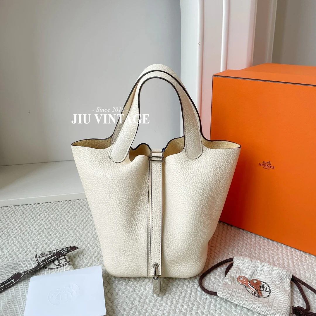99新 Hermes/爱马仕 奶油白银扣18菜篮子B刻BJM12-2194