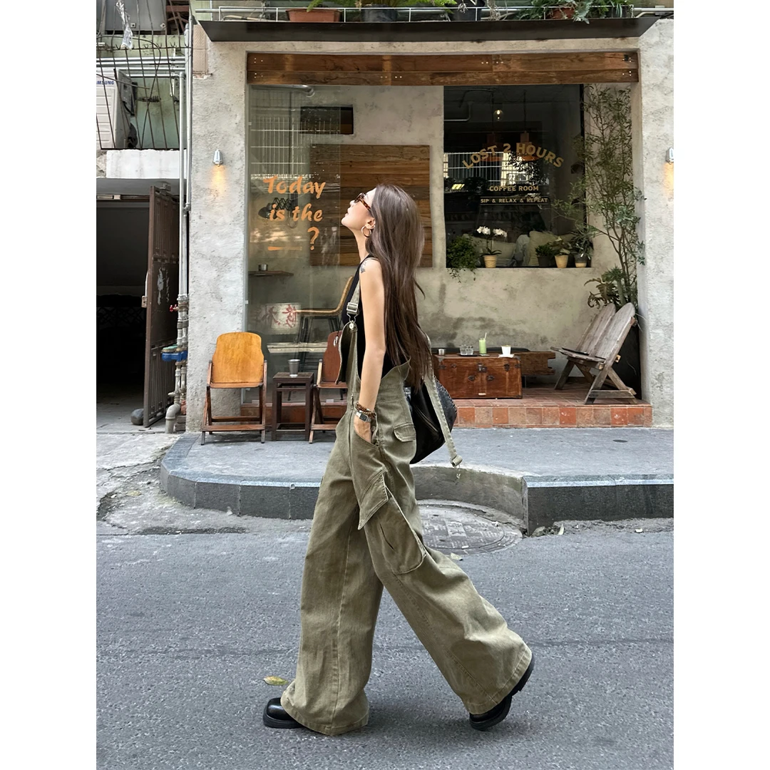 美式复古工装风牛仔背带裤女2025新款韩版时尚气质宽松阔腿连体裤