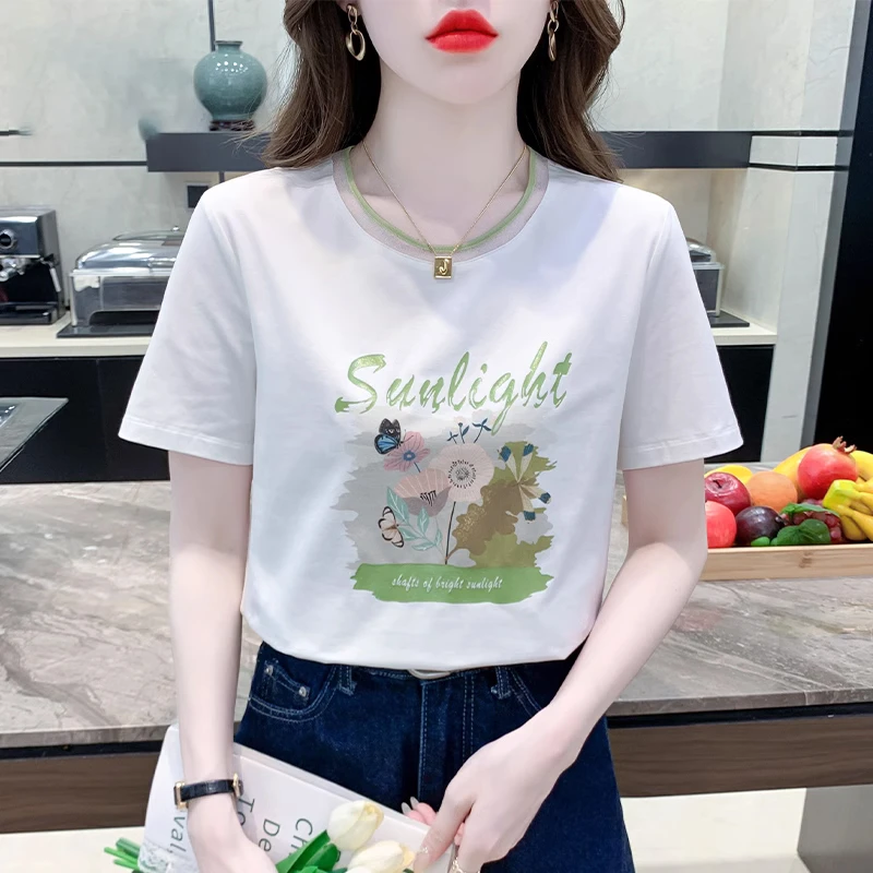 圆领印花白色短袖T恤女2025夏季新款百搭宽松显瘦减龄体恤衫上衣