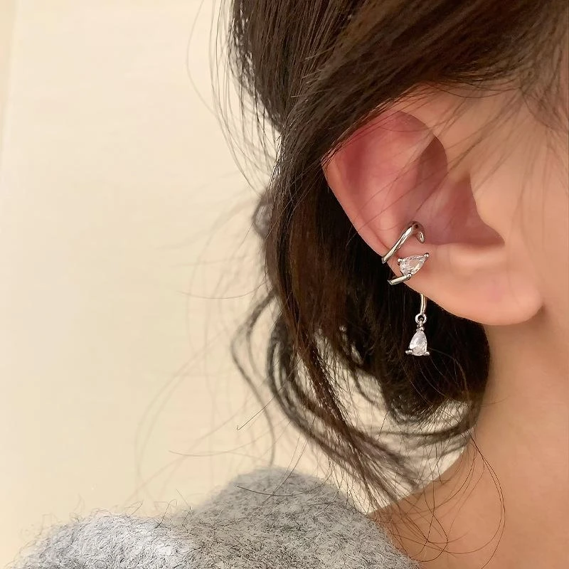 铜合金锆石耳饰 精致水滴锆石耳夹无耳洞女新款潮精致耳挂精灵耳i