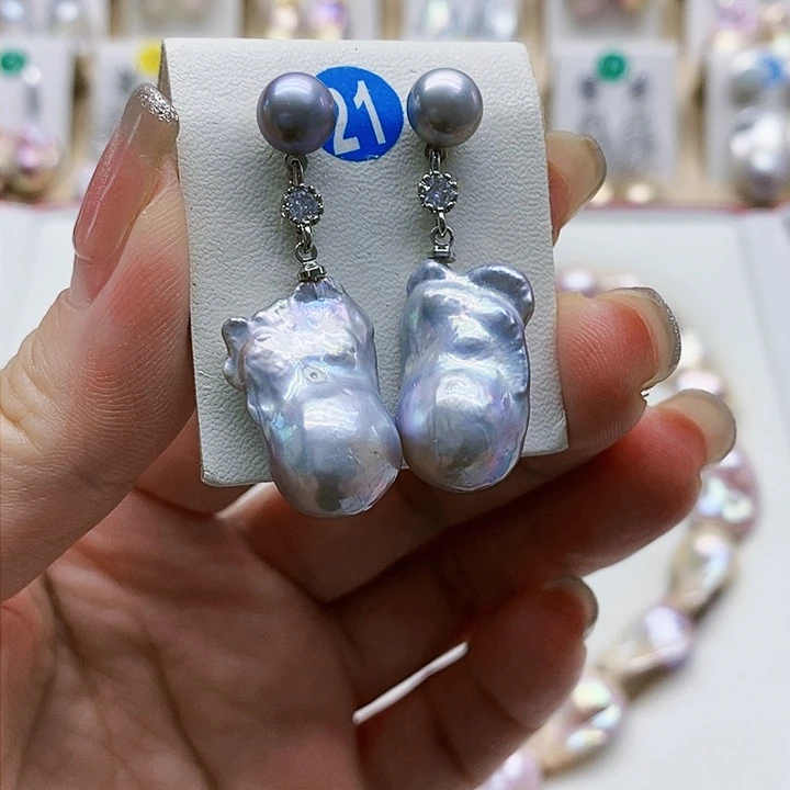 银S925镶嵌淡水珍珠耳饰