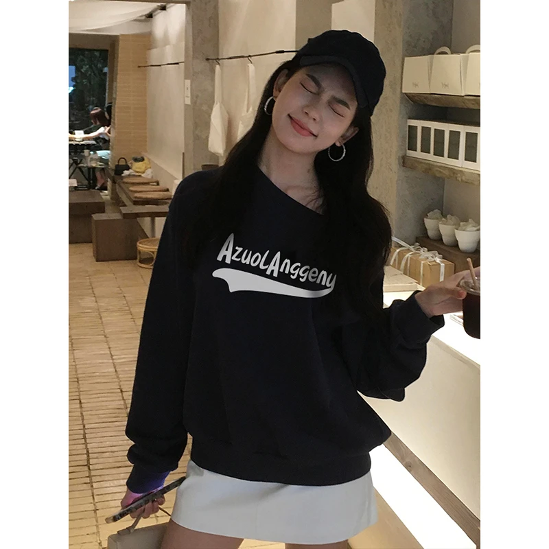 品质复古字母印花斜肩韩版纯欲风一字肩长袖宽松百搭卫衣女上衣潮