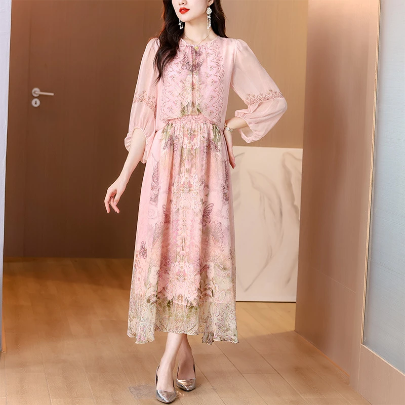 yhfs7955春夏季法式温柔风圆领粉紫色印花收腰中长款连衣裙女装