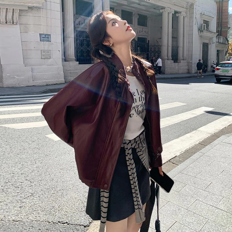 美拉德复古枣红色立领pu皮衣外套女春秋2025新款高级感机车服夹克