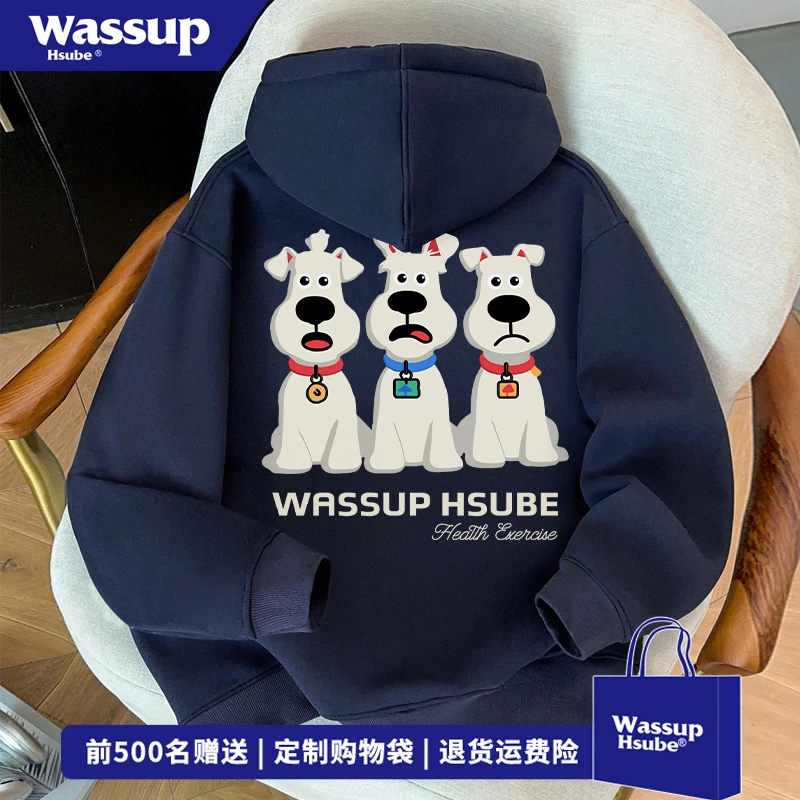 WASSUP HSUBE创意小狗印花连帽开衫卫衣男秋冬潮牌百搭藏青色外套